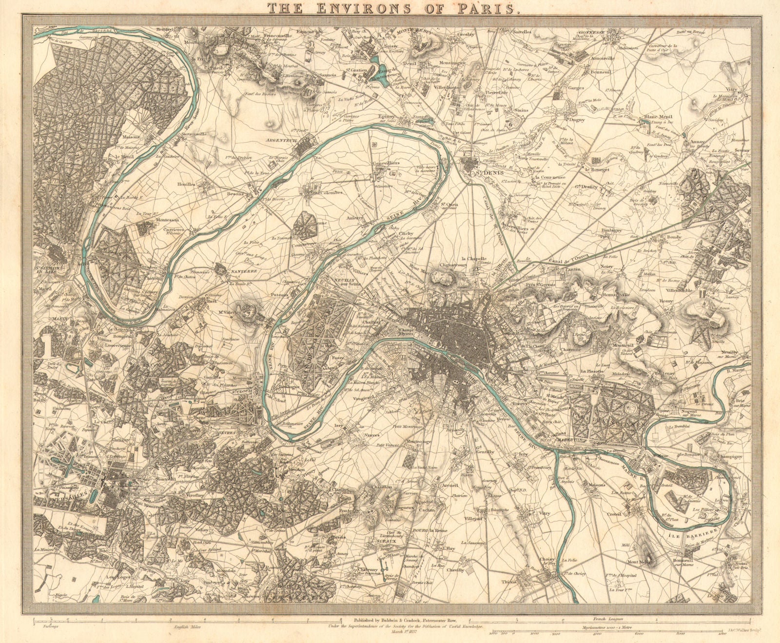PARIS ENVIRONS. Paris. Versailles. Original hand colour. SDUK 1848 old map